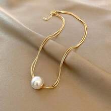 1pc European And American Style Simple And Fashionable Cool-Toned Double-Layer Faux Pearl Necklace, With Intermediate Chain Design And Titanium Steel Material, For Women - Yellow Gold - View 10