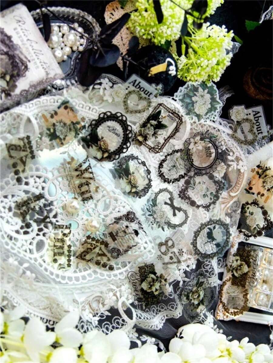 40pcs Sticker Set Lace & Whispering Words Design Scrapbooking Deco, Retro Style Pet Adhesive Material - Multicolor - View 1
