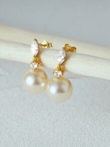 1對925純銀鋯石復古珍珠耳環，18K鍍金低過敏性珍珠耳環，適用於女性日常穿戴、婚禮派對、情人節、婚禮珠寶、新娘珠寶節日。