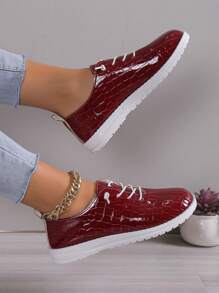 新款pu皮革休閒鞋,防水防滑廚房工作鞋,帶鞋帶平底涼鞋 - 酒紅色 - 查看 4