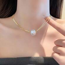 1pc European And American Style Simple And Fashionable Cool-Toned Double-Layer Faux Pearl Necklace, With Intermediate Chain Design And Titanium Steel Material, For Women - Yellow Gold - View 1
