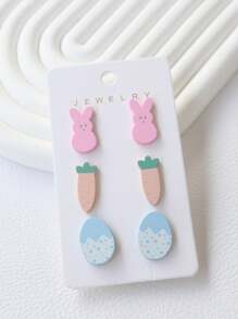1 Set, Including 3 Pairs Of Acrylic Clay Coated Paint Ear Studs For Easter Theme, Such As Colorful Eggs, Rabbit, Carrot, Cute Cartoon, Fun-Ins Style Earrings - Easter - View 1