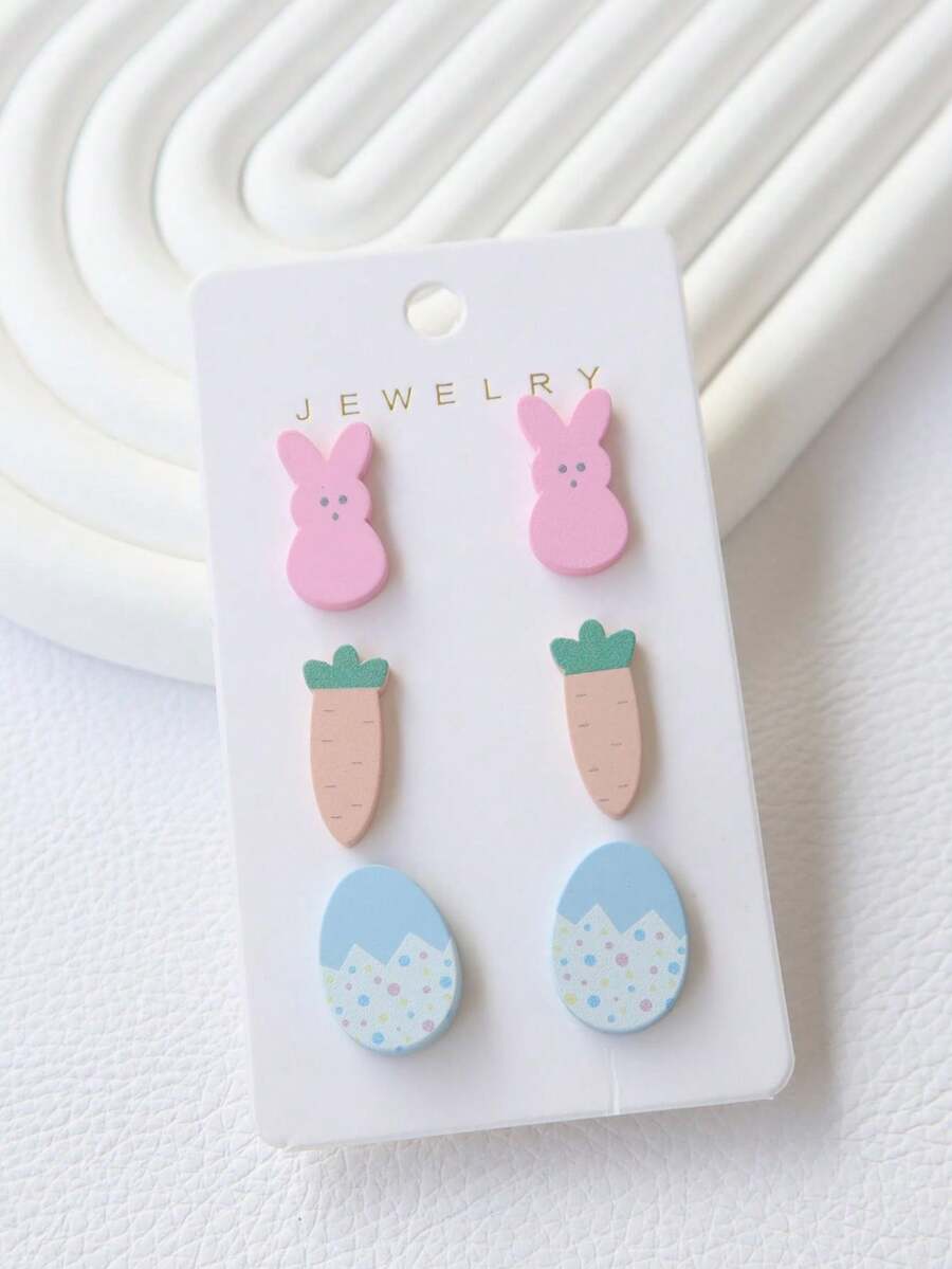 1 Set, Including 3 Pairs Of Acrylic Clay Coated Paint Ear Studs For Easter Theme, Such As Colorful Eggs, Rabbit, Carrot, Cute Cartoon, Fun-Ins Style Earrings - Easter - View 1