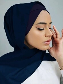 2入組女士十字帽與雪紡圍巾組合,單色珍珠雪紡頭箍交叉底帽組合 - 藏蓝色 - 查看 2