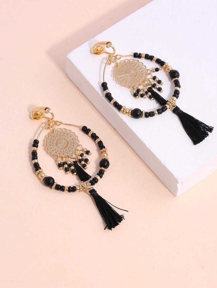 Bead Tassel Drop Clip On Earrings - Multicolor - View 1