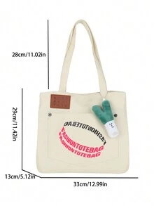 Stylish Korean Style Literary Alphabet Tote Bag, Large Capacity Canvas Bag Suitable For Students And Casual Occasions. - White - View 10