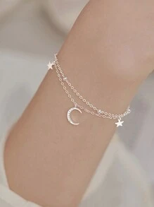 1入精美的女士珠寶款925純銀雙層星月設計手鍊,時尚多變的手飾飾品,精品純銀手飾充滿奢華典雅的風格,適用於生日禮物 - 銀色 - 查看 2