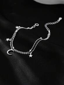 1入精美的女士珠寶款925純銀雙層星月設計手鍊,時尚多變的手飾飾品,精品純銀手飾充滿奢華典雅的風格,適用於生日禮物 - 銀色 - 查看 4