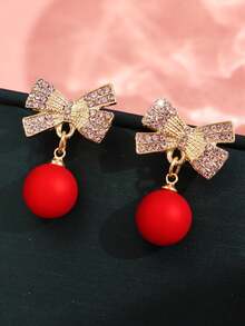 1 對輕奢時尚蝴蝶結球珠耳環適合女士日常首飾 - 紅色 - 查看 1