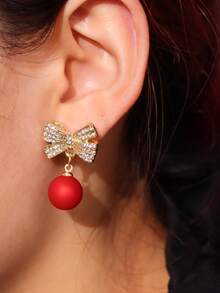 1 對輕奢時尚蝴蝶結球珠耳環適合女士日常首飾 - 紅色 - 查看 6