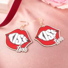 1pair Personalized Romantic Printed Wood Red Lip Mark Kiss Design Earrings, Suitable For Ladies To Wear On Date, Valentine's Day And New Year - Hot Pink - View 5