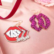 1pair Personalized Romantic Printed Wood Red Lip Mark Kiss Design Earrings, Suitable For Ladies To Wear On Date, Valentine's Day And New Year - Hot Pink - View 3