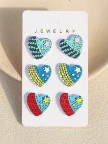 3對/組1張卡片女性情人節浪漫星空五角星和小星星印花,性感心形亞克力耳環 - 彩色 - 查看 4
