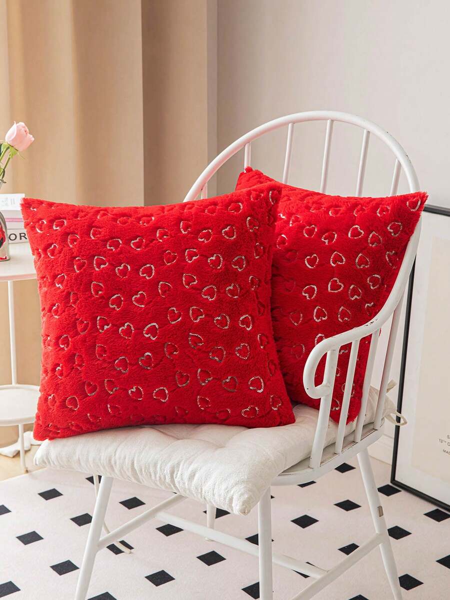情人節毛絨閃粉紅心形枕套,1個裝 - 紅色 - 查看 1