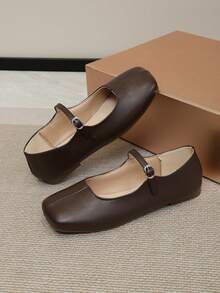 Mary Jane Flat Shoes For Women, French Style, Spring & Autumn, Elegant Shoes To Dress Up - Brown - View 1