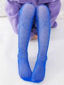 1pc Girls' Breathable Diamond Fishnet Tights, Comfortable & Fit Daily Wear - Blue - View 1