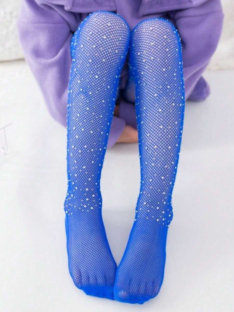 1pc Girls' Breathable Diamond Fishnet Tights, Comfortable & Fit Daily Wear - Blue - View 1
