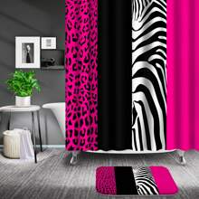 Poedist 4 Pcs Bathroom Shower Curtain Set,Rosy Leopard Print Shower Curtain Bright Style Shower Curtain Sets With Rugs(Bath Mat,U Shape And Toilet Lid Cover Mat) And 12 Hooks - 彩色 - 查看 2