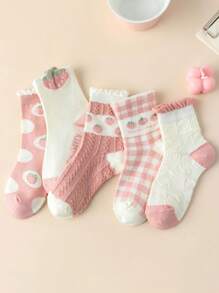 5 雙/套新款可愛粉紅草莓卡通女孩寬鬆襪子,蕾絲和網格圖案,長至小腿中部 - 彩色 - 查看 1