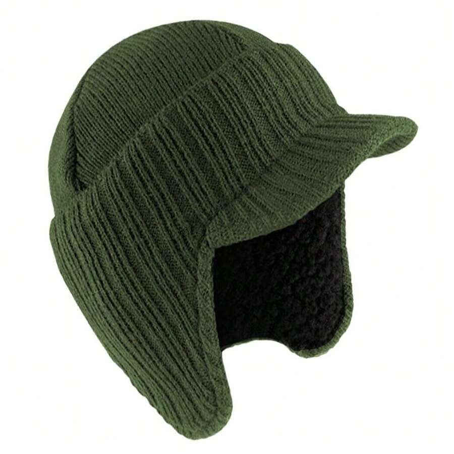 1pc Men Peaked Knit Winter Warm Thermal Lined Cap Beanie Hat Ear Flaps Work Outdoor - Army Green - View 1