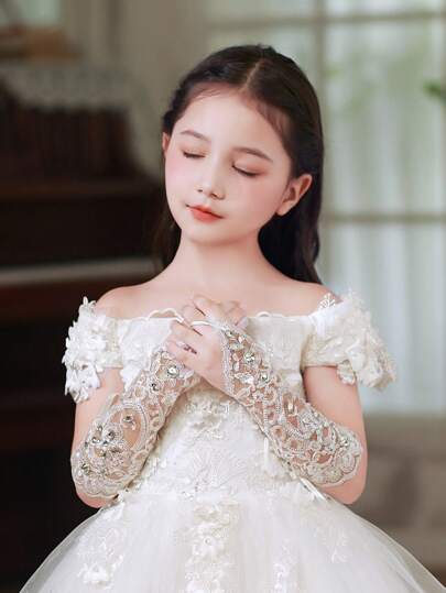 兒童禮服手套,長款,白色,公主風格,適用於女孩的表演、婚禮、舞蹈儀式和花童裝