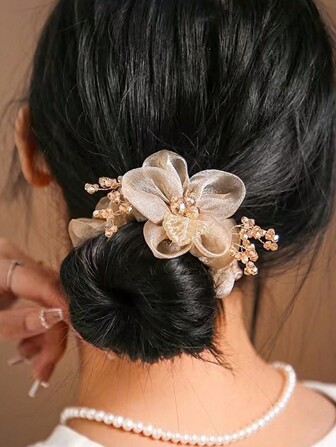 1個 ヴィンテージシャンパンカラーメッシュヘアタイ、手作りビーズクリスタル刺繍フラワーデコレーション エレガント、ヘアアクセサリー、スクランチーヘアタイ、ポニーテールヘッドアクセサリー