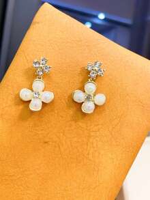 1pair Faux Pearls & Rhinestone Clover & Flower Shaped Personalized Design Elegant Earrings Luxury Women's Jewelry - Multicolor - View 11