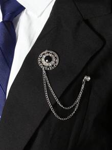 1入組男士流蘇裝飾盾形和鏈條設計西裝別針,韓國風格圓形胸針 - 銀色 - 查看 1