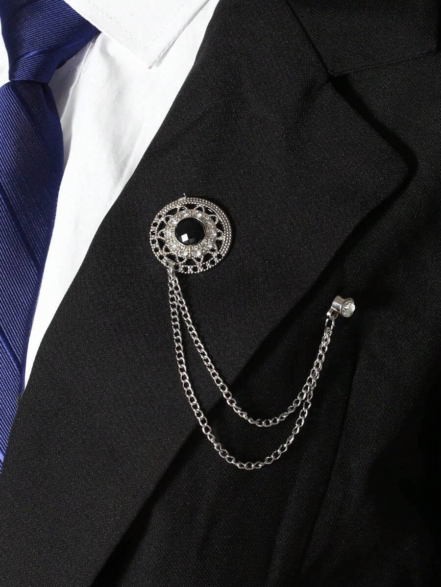 1入組男士流蘇裝飾盾形和鏈條設計西裝別針,韓國風格圓形胸針 - 銀色 - 查看 1