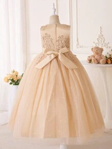 Tween Girl Floral Appliques Bow Back Mesh Overlay Party Dress
