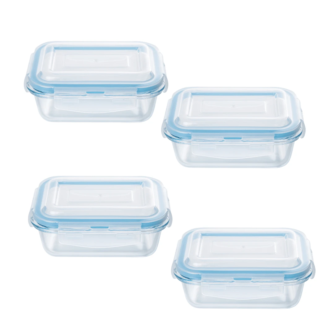 Kit 4 Potes Herméticos Retangular Vidro Com Tampa E Trava 370 ML Marmita Fitness