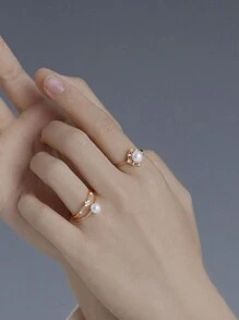 1pc S925 Solid Sterling Silver Plated Dual Layered Faux Pearl Decorated Elegant Finger Ring Hand Jewelry For Women Wedding Engagement Bridal Jewelry - Yellow Gold - View 5