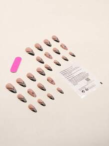 Elevate Your Style With 24pcs Long Almond Black French Star Glitter Powder Minimalism Fake Nail & 1sheet Tape & 1pc Nail File Press On Nails Nail Supplies - Multicolor - View 6