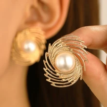 2入組新款編織紋理和珍珠鑲嵌螺旋耳環,適合女性日常佩戴 - 銀色 - 查看 1