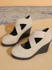 厚底女鞋，2024 春季绒面一脚蹬增高鞋，坡跟低帮乐福鞋，适合秋季 - 米色 - 查看 4