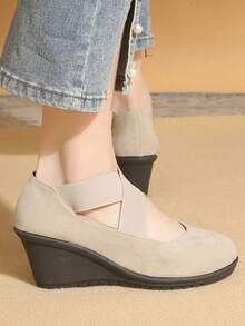 厚底女鞋，2024 春季绒面一脚蹬增高鞋，坡跟低帮乐福鞋，适合秋季 - 米色 - 查看 3