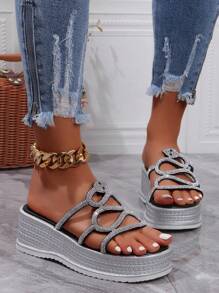 Women'S Rhinestone Chunky Heel Wedge Platform Sandals Fairy Style Summer Outdoor High Heel Slippers - Black - View 1