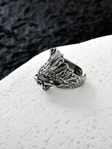 1 件创意复古 3D 龙形装饰戒指，适合男士、女士、节日聚会、约会、节日礼物和日常佩戴 - 復古銀色 - 查看 5