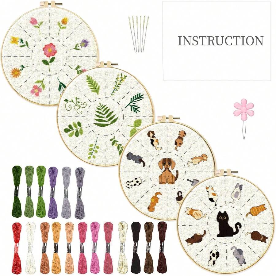 4pcs/Set Animal Embroidery Kit Suitable For Beginners' Diy Includes Printed Embroidery Cloth, Hoop, Thread, Needle And Instructions - Multicolor - View 1
