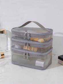 1pc Double Layer Mesh Makeup Bag, High Capacity Portable Travel Toiletry Bag - Grey - View 9