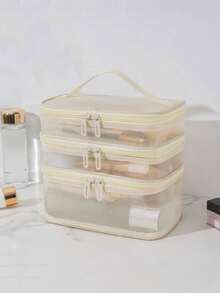 1pc Double Layer Mesh Makeup Bag, High Capacity Portable Travel Toiletry Bag - Grey - View 10