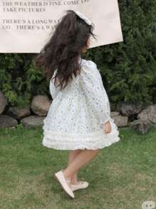 年輕女孩清新花卉印花連衣裙 - 藍白色 - 查看 2