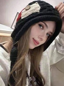 1pc Unisex Winter Knitted Ear Protection Hat, Japanese Style Red Braided Tassel Beanie, Suitable For Outdoor Activities And Leisure In Spring And Autumn - Beige - View 3