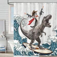 Funny Cat Themed Bathroom Shower Curtain With Waves Pattern, Waterproof Fabric Shower Curtain Set With 12 Hooks - Surfing Dinosaur - View 4