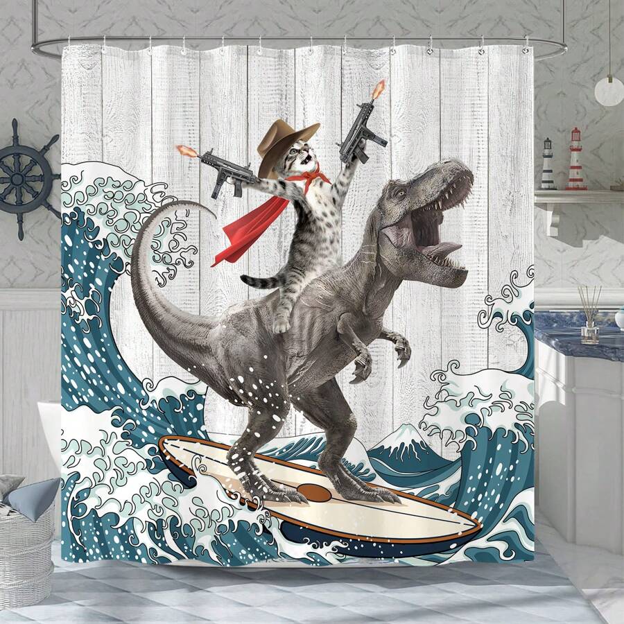 Funny Cat Themed Bathroom Shower Curtain With Waves Pattern, Waterproof Fabric Shower Curtain Set With 12 Hooks - Surfing Dinosaur - View 1