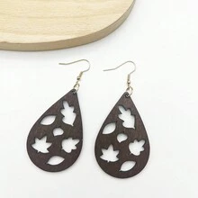 1pair Wooden Hollow-Out Water Drop & Tree Leaf Shaped Pendant Earrings For Women - Brown - View 2