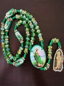 1 Stück Rosenkranz mit Heiliger Judas grünen Kristallperlen, katholische Halskette mit Kreuzanhänger, Schutz, Segen, katholischer handgemachter Schmuck, Geschenkanhänger, Auto-Anhänger, Geschenk zu Weihnachten, Halloween, Valentinstag für Männer und Frauen