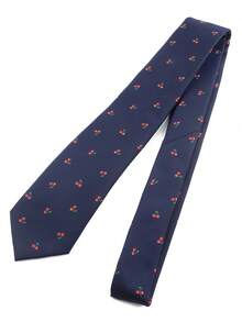 1pc Men's Cute Cherry Print 2.75" Necktie, Party Accessory Halloween - Navy Blue - View 4