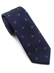 1pc Men's Cute Cherry Print 2.75" Necktie, Party Accessory Halloween - Navy Blue - View 1