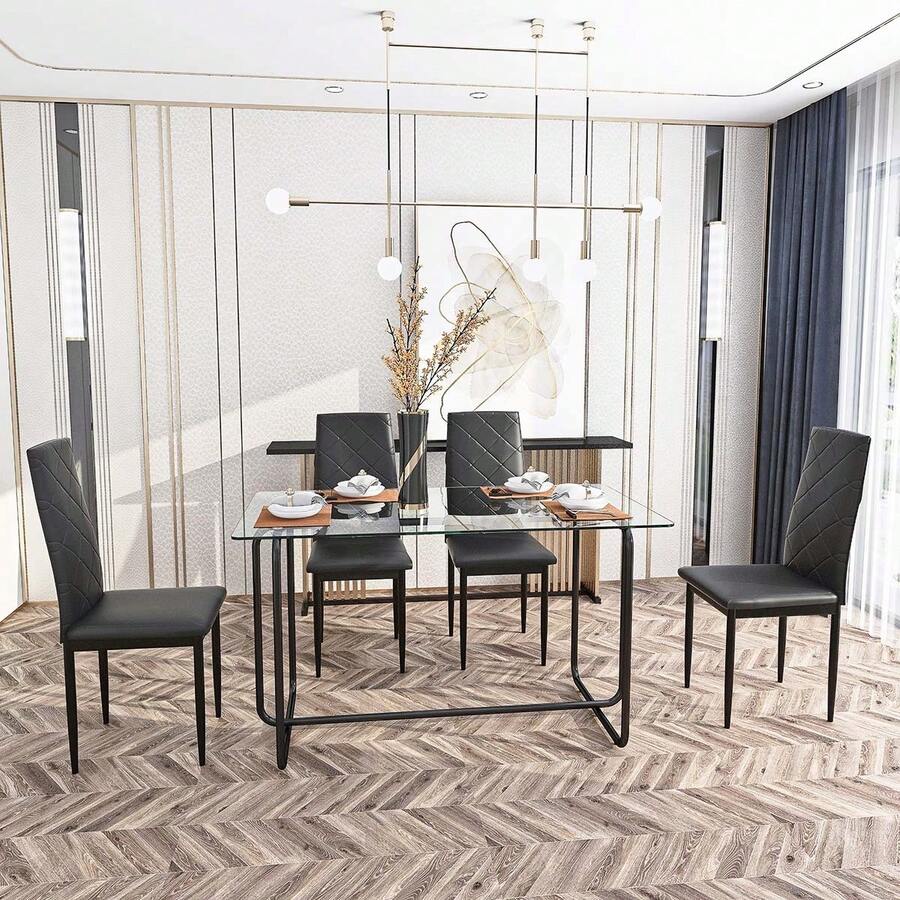 5-Piece Rectangle Dining Table Set, Tempered Glass Dining Table For Kitchen Room - Black - View 1